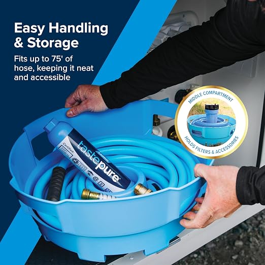 Camco Tastepure RV Freshwater Kit - Includes Tastepure RV Water Filter, Flexible Hose Protector, EvoFlex 25' Drinking Water Hose, Brass RV Water Pressure Regulator & Carrying Basket (20160)