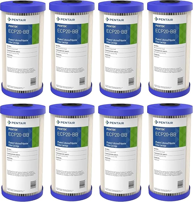 Pentair Pentek ECP20-BB Big Blue Sediment Water Filter, 10-Inch, Whole House Pleated Cellulose Polyester Cartridge, 10" x 4.5", Blue End-Cap, 20 Micron, Pack of 8