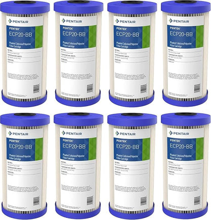 Pentair Pentek ECP20-BB Big Blue Sediment Water Filter, 10-Inch, Whole House Pleated Cellulose Polyester Cartridge, 10" x 4.5", Blue End-Cap, 20 Micron, Pack of 8