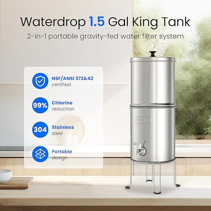 Waterdrop TK15-A-S Gravity Water Filtration System, NSF/ANSI 42&372 Certified Black Carbon Filters, Reduce Lead and Up to 98% Chlorine, with Stainless Steel Stand for Home, Travel, Emergencies, 1.5G