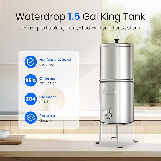 Waterdrop TK15-A-S Gravity Water Filter System, NSF/ANSI 42&372 Certified | Reduce Lead and Up to 98% Chlorine, with Stainless Steel Stand for Home, Travel, Emergencies, 1.5G