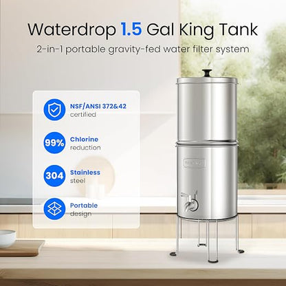 Waterdrop TK15-A-S Gravity Water Filter System, NSF/ANSI 42&372 Certified | Reduce Lead and Up to 98% Chlorine, with Stainless Steel Stand for Home, Travel, Emergencies, 1.5G