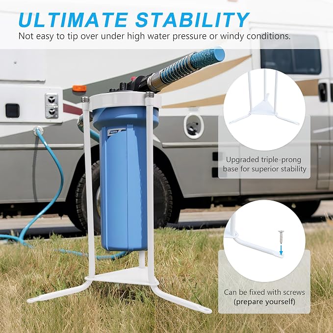 Upgraded RV Water Filter Stand with Triple-Prong Base, RV Filter Holder for Soft Soil & Hard Concrete Surfaces, Enhanced Stability & Anti-Kink Design - 1 Pack
