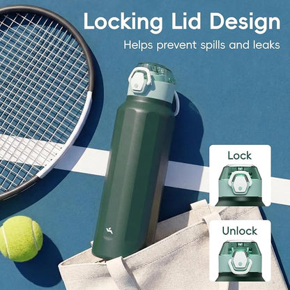 Konokyo FLOWPLAY 40oz Locking Push-Button Water Bottle with Silicone Spout,Leak-Proof,18/8 Stainless Steel Double-Wall Vacuum Insulated for Sports and Travel,BPA-Free,Dark Green