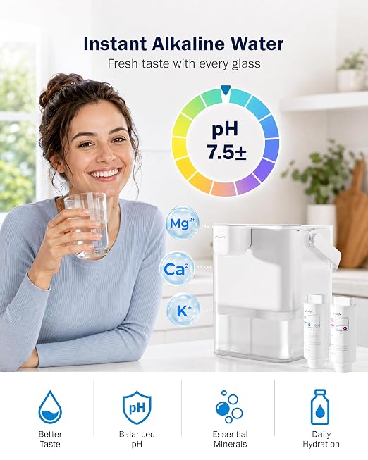 Frizzlife MD40 Alkaline Electric Water Filter Dispenser with 2 Filters, NSF/ANSI 53/42/372, 400-Gallon Pitcher, 18-Cup Countertop Rechargeable Instant System, 6 Months Filter Life Water Purifier