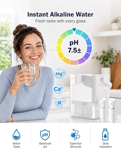 Frizzlife MD40 Alkaline Electric Water Filter Dispenser with 2 Filters, NSF/ANSI 53/42/372, 400-Gallon Pitcher, 18-Cup Countertop Rechargeable Instant System, 6 Months Filter Life Water Purifier