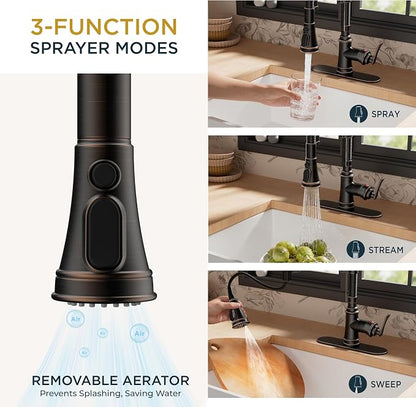 FORIOUS Kitchen Faucet with Pull Down Sprayer, Oil Rubbed Bronze, Stainless Steel Single Handle Spring Antique Kitchen Sink Faucet with Deck Plate, Sutiable for Farmhouse, RV, Camper, Wet Bar