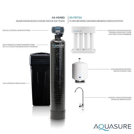 Aquasure 48,000 Grains Whole House Water Filter Bundle with Automatic Digital Metered Control Softener and 75 GPD RO Reverse Osmosis Drinking System | Removes Hardness | Ideal for 3-4 bathrooms