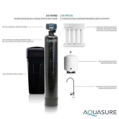 Aquasure 48,000 Grains Whole House Water Filter Bundle with Automatic Digital Metered Control Softener and 75 GPD RO Reverse Osmosis Drinking System | Removes Hardness | Ideal for 3-4 bathrooms