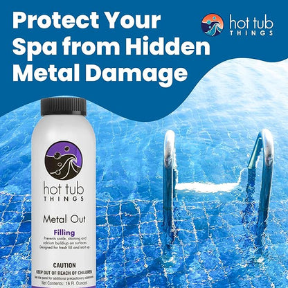 Hot Tub Things Metal Out, Stain & Scale Control, Removes Iron Copper Calcium Ions from Spa & Hot Tub Water, Surface & Equipment Protector, Safe with Chlorine Bromine Salt Systems, 16 oz