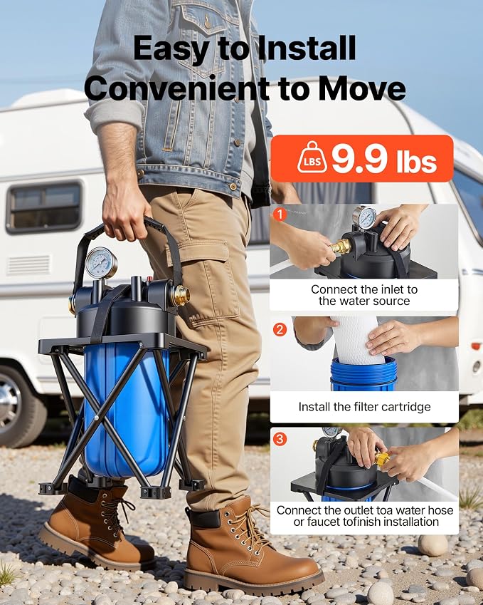 VEVOR RV Water Filter System for Campers, RVs & Travel Trailers, 4.5 x 10 in 0.5-Micron Filter with Cartridge & Bracket, Reduces Sediment, Chlorine, Taste & Odors