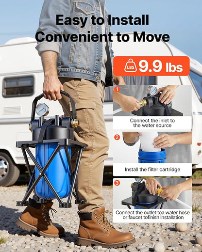 VEVOR RV Water Filter System for Campers, RVs & Travel Trailers, 4.5 x 10 in 0.5-Micron Filter with Cartridge & Bracket, Reduces Sediment, Chlorine, Taste & Odors
