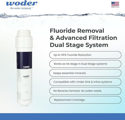 WD-FRM-L Replacement Cartridge, Up to 95% Fluoride Reduction, US Made | Exclusive 1st Stage for WD-D-FRM-G4-DC & JG Systems, Tool-Free Auto Shut-Off Swap, Pairs with WQA Cert Stage 2, 1-Yr Warranty