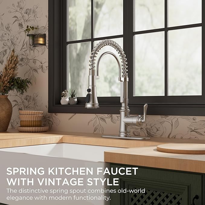 FORIOUS Kitchen Faucet with Pull Down Sprayer, Stainless Steel Single Handle Spring Antique Kitchen Sink Faucet with Deck Plate, Sutiable for Farmhouse, RV, Camper, Wet Bar, Brushed Nickel