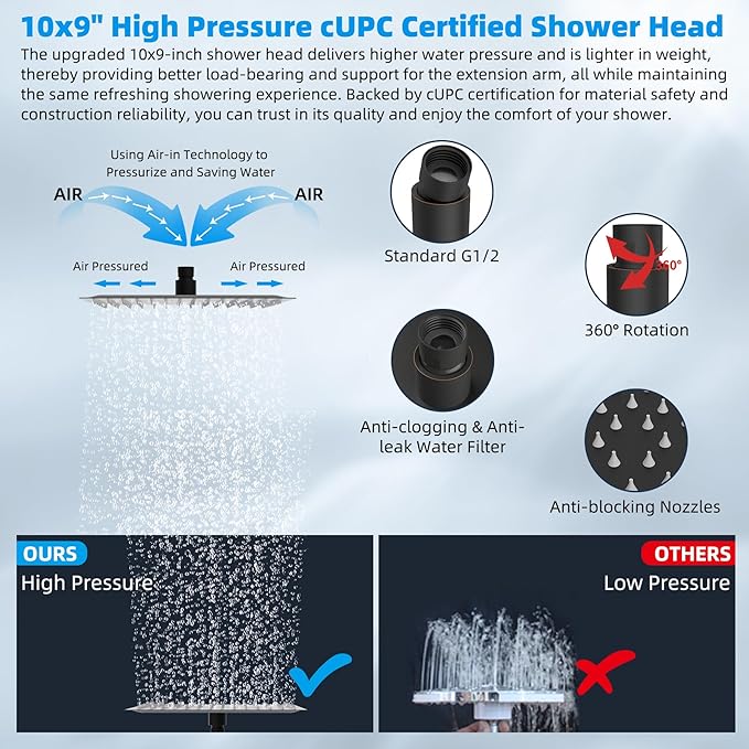 Hibbent All Metal cUPC Certified Rain Shower Head, 10'' High Pressure Rainfall Showerhead with 16" Shower Head Extension Arm, Brass Adjustable Shower Arm Extender, fixed Showerheads, Oil Rubbed Bronze