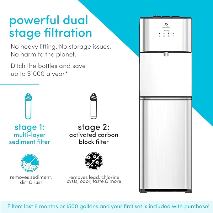 Avalon Bottom Loading Water Cooler Water Dispenser with Filtration - 3 Temperature Settings - Hot, Cold & Room Water, Durable Stainless Steel Construction - UL Listed NSF Approved