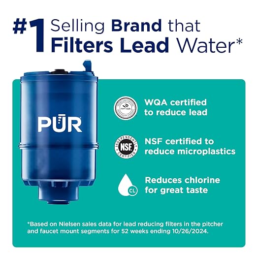 PUR Plus Faucet Mount Water Filtration System with Lead Reducing Mineral Core Faucet Filter, Water Filter that Attaches to Kitchen Sink, Horizontal, Brass, PFM410F