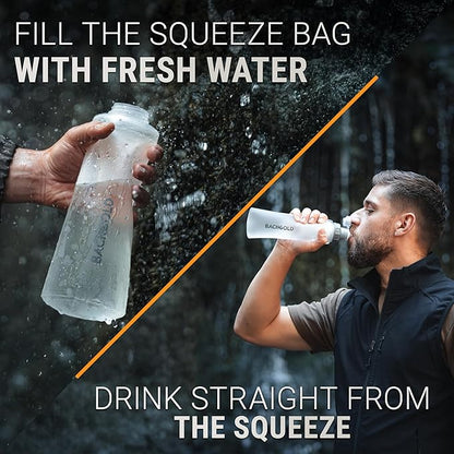 Water Filter Camping – Bachgold Squeeze Foldable Squeeze Bottle | Ultralight Backpacking Filtration for Hiking, Survival & Emergency | Dual-Stage Filtration, Swiss Design