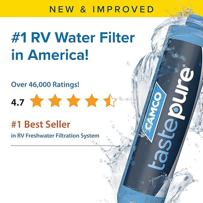 Camco Tastepure RV Water Filter - Advanced 6-Step Patent-Protected Filtration - Camping Essentials for Fresh Drinking Water - 2-Pack of RV Inline Water Filters, Made in USA (40045)