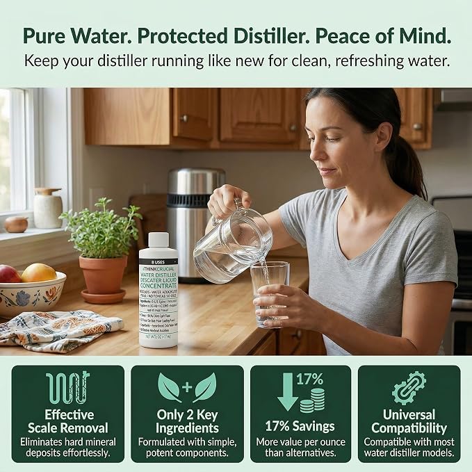 Think Crucial Water Distiller Descaler Liquid — Compatible with H2O Labs, Megahome, Waterwise, VEVOR, Durastill — 16 fl oz