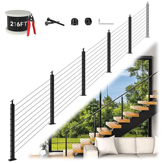 36" Modular 16-20FT Black T304 Stair Cable Railing Post Kit, Cable Railing System with 5 Stair Posts, 216ft 1/8" Wire Rope(No Handrail), Adjustable Length Easy DIY for 28-38° Stairway