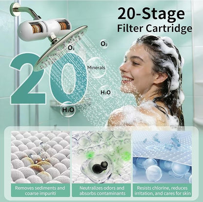 SR SUN RISE Duo Shower Filter - NSF Certified 20-Stage Shower Filter for Hard Water, Water Softener, Removes Chlorine, Heavy Metals, High Flow, Easy Replace Cartridge, Nourish Hair & Skin, Matte White