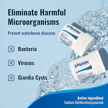 Drinking Water Essentials Kit - 200 Aquatabs Water Purification Tablets + 50 Chlorine Test Strips - for Boat and RV Tanks - By Aquamarine Water Solutions