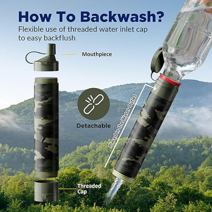 Membrane Solutions Gravity Water Filter Pro 6L, NSF/ANSI 42&372&401 Certified, 0.1 μm Versatile Water Purifier Camping with Adjustable Tree Strap Storage Bag, Survival Gear for Emergency(Camo)