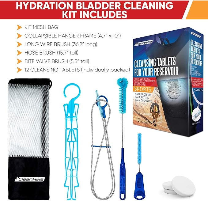 Reservoir Hydration Bladder Cleaning Kit - 6-In-1 Water Reservoir Cleaning Kit Of 3 Brushes, Collapsible Frame, (12) Cleansing Tablets & Carry Pouch - Cleaner Set For Back Pack Bladder