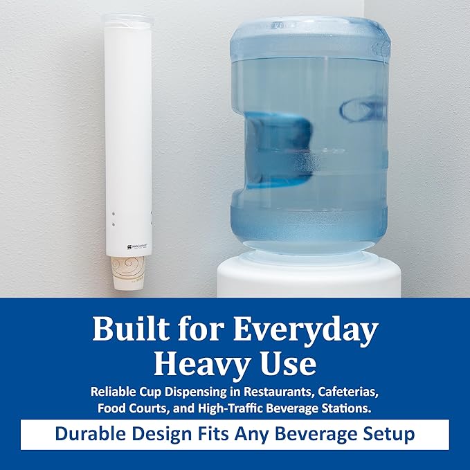 San Jamar Small Pull-Type Cup Dispenser Fits 3-4.5 Oz Cone Cups, 3-5 Oz Flat Cups with Flip Caps for Restaurants, Dining Halls, and Fast Food, Plastic, 16 Inches, White