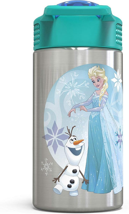 Zak Designs Frozen 15.5oz Stainless Steel Kids Water Bottle with Flip-up Straw Spout - BPA Free Durable Design, Frozen Girl SS