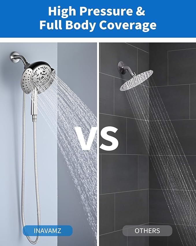 INAVAMZ Shower Heads with Handheld Spray Combo: 7.2" Rainfall Shower Head & Handheld Shower Head 2-IN-1 Shower Head with 60" Rotatable Stainless Steel Hose Nickel, Shower Trim Systems