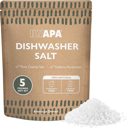 Ilyapa Dishwasher Salt 5 lbs - 100% Pure Natural Salt for Dishwasher - Dye and Fragrance Free Water Softener Crystals, Hard Water Rinse Aid