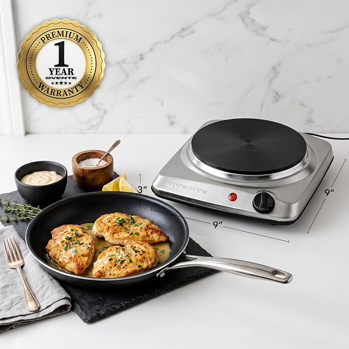 OVENTE Electric Cast Iron Single Burner, 1000W Hot Plate, Silver BGS101S | 7.25" Portable Countertop Cooktop, Stainless Steel, 5 Level Temperature Control, Compact Cooking Stove, Easy to Clean