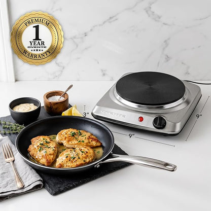 OVENTE Electric Cast Iron Single Burner, 1000W Hot Plate, Silver BGS101S | 7.25" Portable Countertop Cooktop, Stainless Steel, 5 Level Temperature Control, Compact Cooking Stove, Easy to Clean