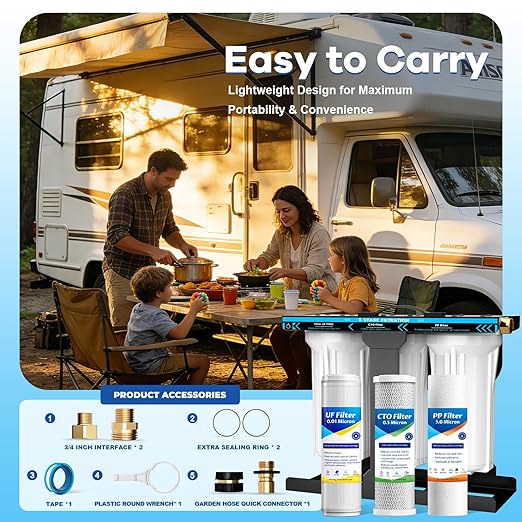 RV Water Filter System,5-Stage RV Water Filter System 0.01 Micron Filtration, 1/2"Inlet/Outlet, Reduces Sediments, Chlorine, VOCs, Heavy Metals & Odors, Ideal for RVs, Campers, Travel Trailers, Boats