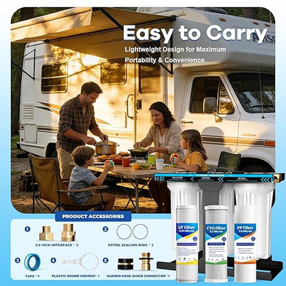 RV Water Filter System,5-Stage RV Water Filter System 0.01 Micron Filtration, 1/2"Inlet/Outlet, Reduces Sediments, Chlorine, VOCs, Heavy Metals & Odors, Ideal for RVs, Campers, Travel Trailers, Boats