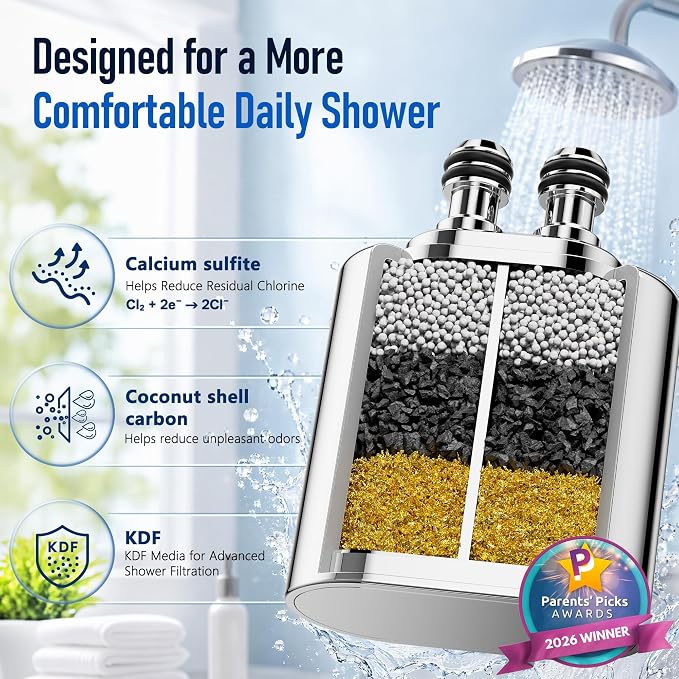 Veken Shower Filter to Reduce Chlorine, KDF Shower Head Filters with Activated Carbon and Calcium Sulfite for Filtered Shower Water, Filtro Para Ducha De Baño, One-Press Replacement, Chrome