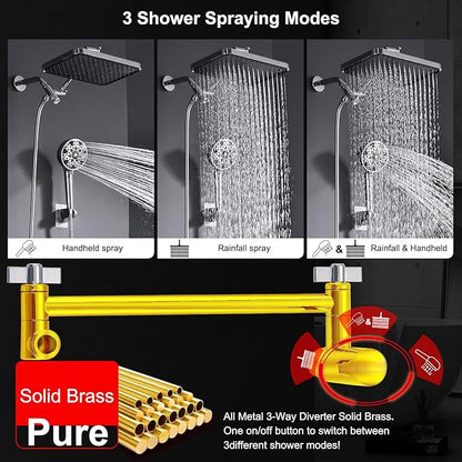 Dual shower Head with Handheld and Filter-14'' Rainfall ShowerHead,High Pressure Handheld Shower Head with Filters for Hard Water,7Spray with Power Wash,3-Way Setting for Couple Bathroom