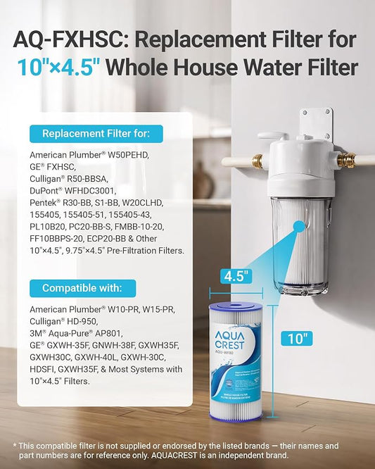 AQUA CREST FXHSC Whole House Water Filter, 20 Micron 10" x 4.5" Sediment Filters Replacement for GE® FXHSC, GXWH40L, GXWH35F, American Plumber W50PEHD, W10-PR, Culligan® R50-BBSA, Pack of 2