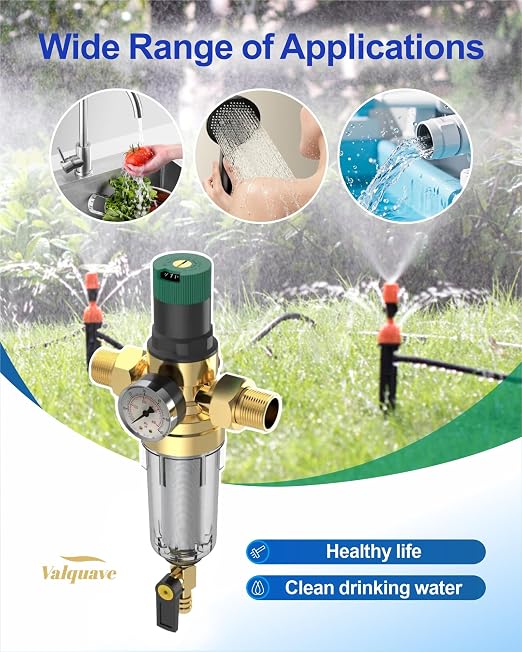 Water Pressure Regulator, with Spin Down Sediment Filter & Gauge for Home, 50 Micron, 1.25" MNPT + 1" FNPT + 1" MNPT, Heavy Duty Brass