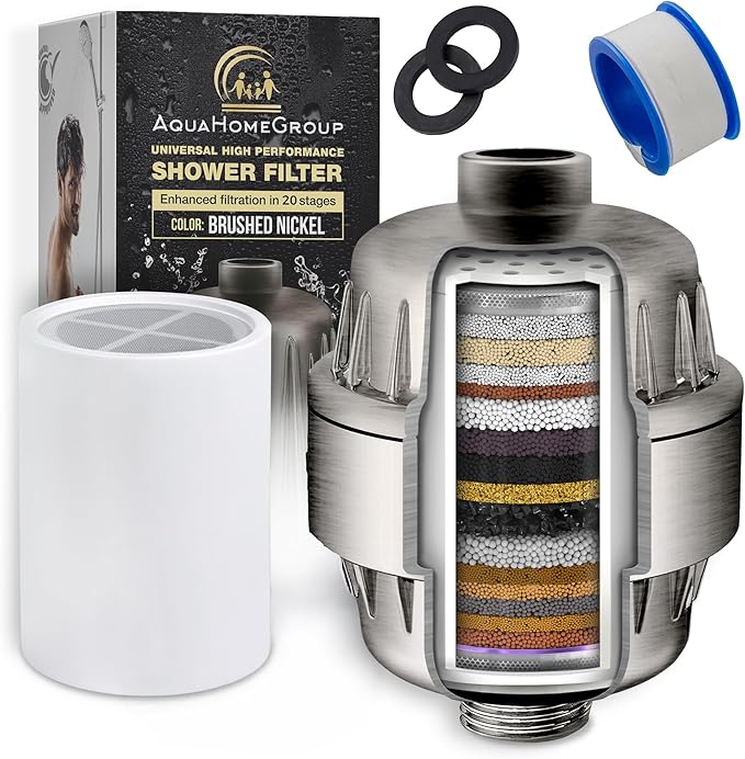 AquaHomeGroup 20 Stage Shower Filter with Vitamin C E and A - Reduces Chlorine, Heavy Metals and Sediment - 2 Cartridges Included - Consistent Flow - Brushed Nickel
