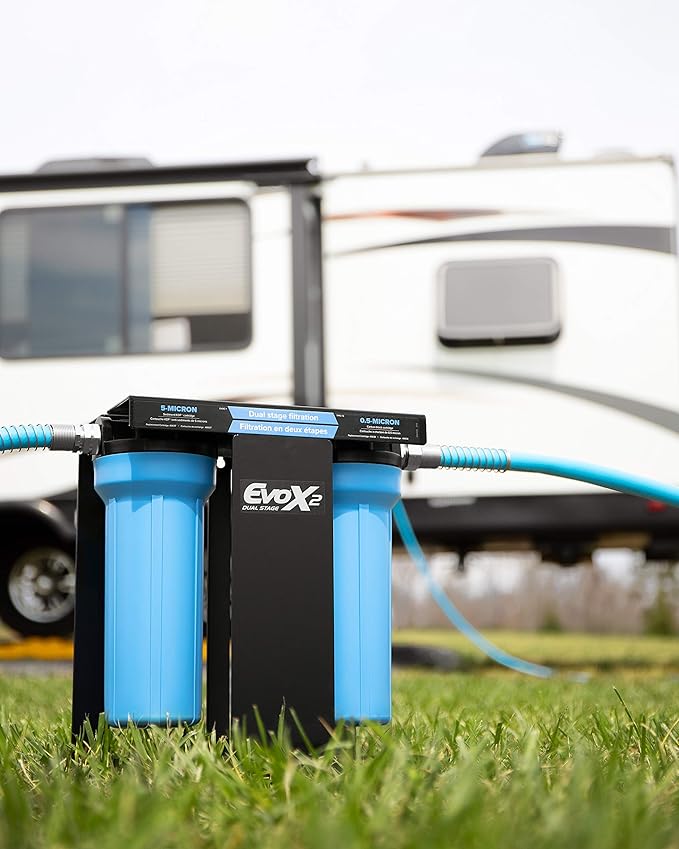 Camco EVO X2 Dual Stage Camper/RV Water Filter Kit - 2 Stage Filtration w/KDF & GAC - Filters Out Bad Taste, Odors, Lead, Bacteria & More - Replaceable Filters - (40639)