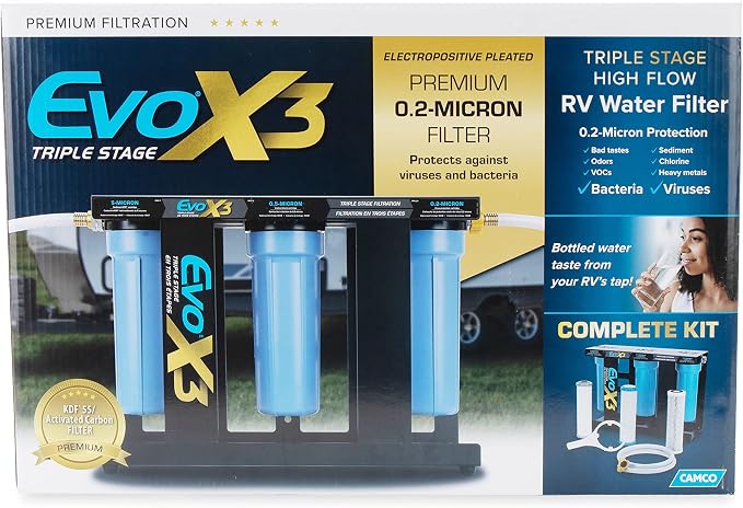 Camco Evo X3 Triple Stage Premium RV Water Filter Kit — Travel Accessory for Clean, Great-Tasting Water — Superior 0.2-Micron Filtration — Carbon Water Filter Removes Viruses, Bacteria, etc.