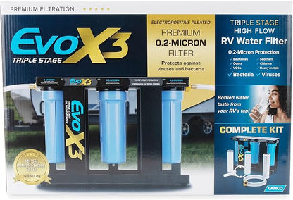 Camco Evo X3 Triple Stage Premium RV Water Filter Kit — Travel Accessory for Clean, Great-Tasting Water — Superior 0.2-Micron Filtration — Carbon Water Filter Removes Viruses, Bacteria, etc.