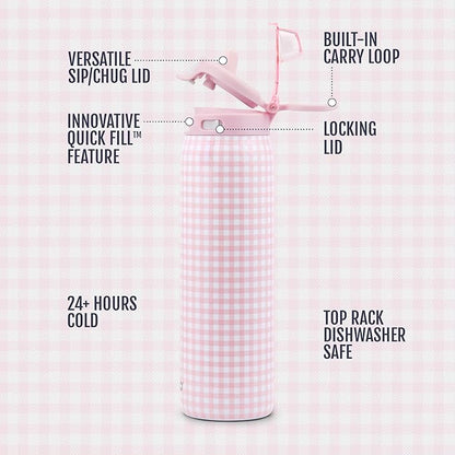 Ello Pop & Fill 32oz Stainless Steel Water Bottle with QuickFill Technology, Double Walled and Vacuum Insulated Metal, Leak Proof Locking Lid, Straw and Chug, Reusable, BPA Free, Pink Gingham