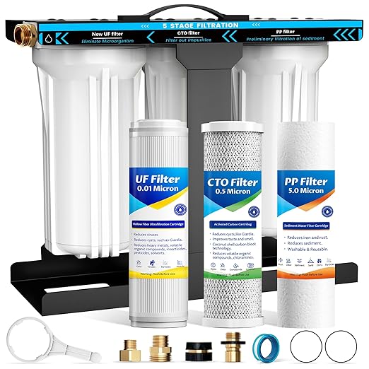 RV Water Filter System,5-Stage RV Water Filter System 0.01 Micron Filtration, 1" Inlet/Outlet, Reduces Sediments, Chlorine, VOCs, Heavy Metals & Odors, Ideal for RVs, Campers, Travel Trailers, Boats
