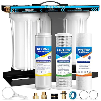 RV Water Filter System,5-Stage RV Water Filter System 0.01 Micron Filtration, 1" Inlet/Outlet, Reduces Sediments, Chlorine, VOCs, Heavy Metals & Odors, Ideal for RVs, Campers, Travel Trailers, Boats