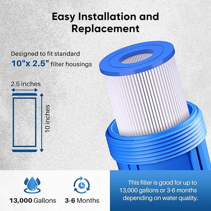 PUREPLUS 5 Micron 10"x2.5" Whole House Pleated Sediment Filter for Well Water, Replacement Cartridge for Universal 10 inch RO System, W50PE, WFPFC3002, SPC-25-1050, FM-50-975, 801-50, WB-50W, 2Pack