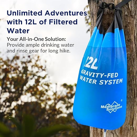 Membrane Solutions 12L Gravity Water Filter Max with Shower for Camping | NSF/ANSI 42, 372 & 401 certified; 0.1-micron 4-stage filter, 1,320-gal life for group camping, RV trips & emergencies